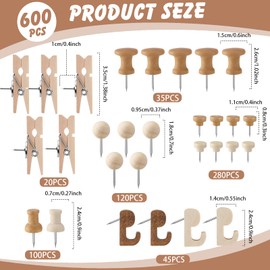 600 Pcs Decorative Push Pins, Wood Brown Thumb Tacks 6 Types Cute Push Pin Clips for Bulletin Board Wall Cork Board Colorful Classroom Decor Teacher Must Haves Supplies School Crafts Project