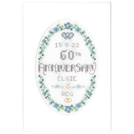 Lifetime Samplers & Decorative Textiles Floral 60th Anniversary Card - Diamond Wedding - Complete Cross Stitch kit on 16 aida with Clear Colour Chart