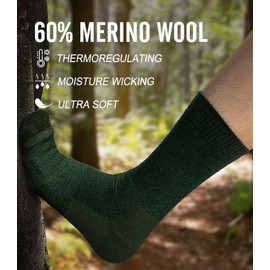 HIYATO Merino Hiking Socks Men & Women 3 Pairs - Padded, 60% Merino Wool Thermal Socks, Winter Socks - for Trekking, Outdoor and Sports, 3 Pairs | Green, 43 - 46