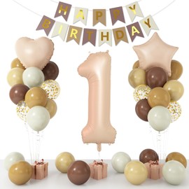 Brown Neutral 1st Birthday Decorations for Boys Girls, Brown Beige Cream Balloons with 40 Inch Number 1 Foil Balloons Birthday Banner for 1 Year Old Birthday Teddy Bear Baby Shower Boho Party Decor