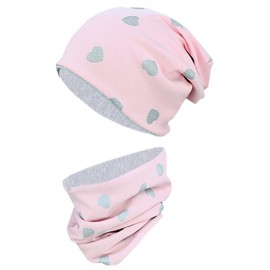 TupTam Unisex Children's Beanie Hat Tube Scarf Set, Hearts glitter grey/powder pink grey mottled