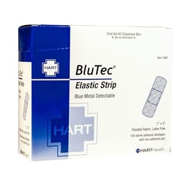 Hart Health 1089 BlueTec 1" x 3" Metal Detectable Elastic Strip Bandages, Flexible Fabric, Latex Free, 100 Per Box