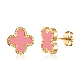 AIPPK 18K Gold Plated Clover Earrings for Women Four Leaf Clover Stud Earrings Lucky Dangle Earrings Simple Jewelry Gifts for Women (Pink)