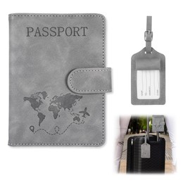 Hauojaus Passport Holder with Suitcase Tag, Passport Case 11 x 15 cm/4.33 x 5.91 Inch PU Leather RFID Blocker for Travel Documents, gray, Classic