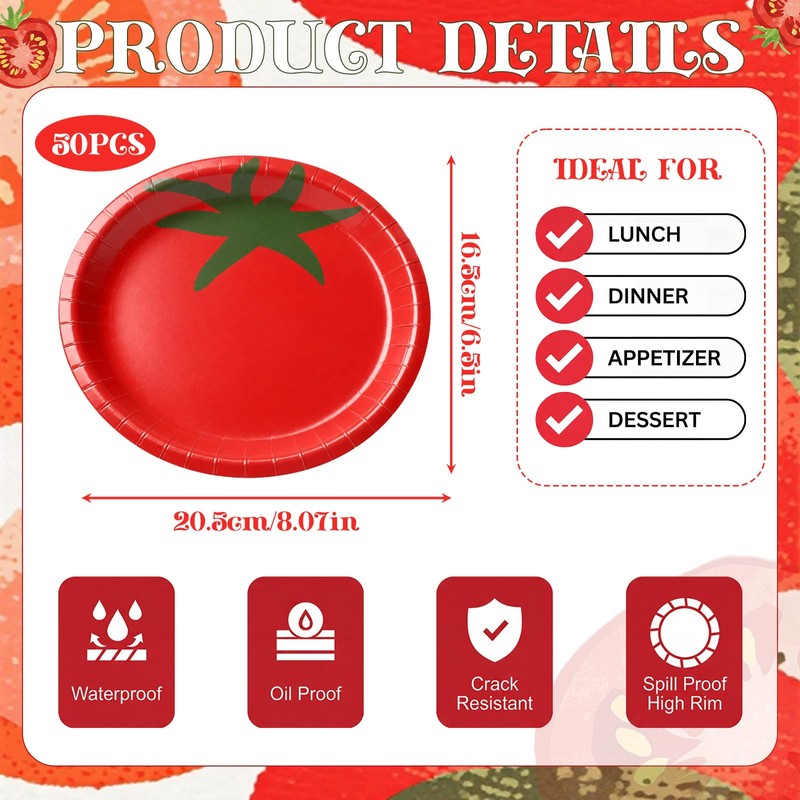 50 Pcs Disposable Tomato Shaped Paper Plates Party Decor, 8