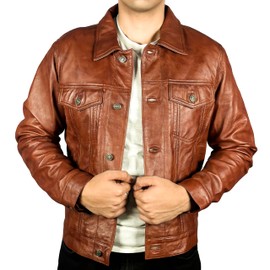 Genuine Lambskin Mens Trucker Jacket Real Leather For Motorcycle Racing Collar Style Leather Jacket For Man (US, Alpha, m, Regular, Regular, Brown Trucker Leather Jacket)