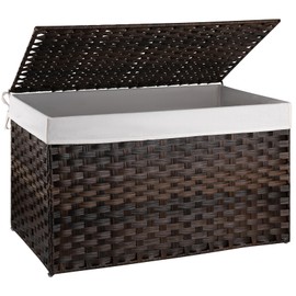 OIAHOMY Large Storage Basket with Lid, 42.3 Gallon (160L) Blanket Basket with Removable Liner Bag, Wicker Hamper with Handle, Foldable, Hamper for Bedroom, Brown