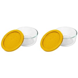 Pyrex (2) 7200 2 cup Glass Dishes & (2) 7200-PC 2 Cup Butter Yellow Lids Made in the USA