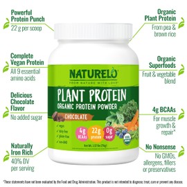 NATURELO Plant Protein Powder, Chocolate, 22g Protein - Non-GMO, Vegan, No Gluten, Dairy, or Soy - No Artificial Flavors, Synthetic Coloring, Preservatives, or Additives - 20 Servings