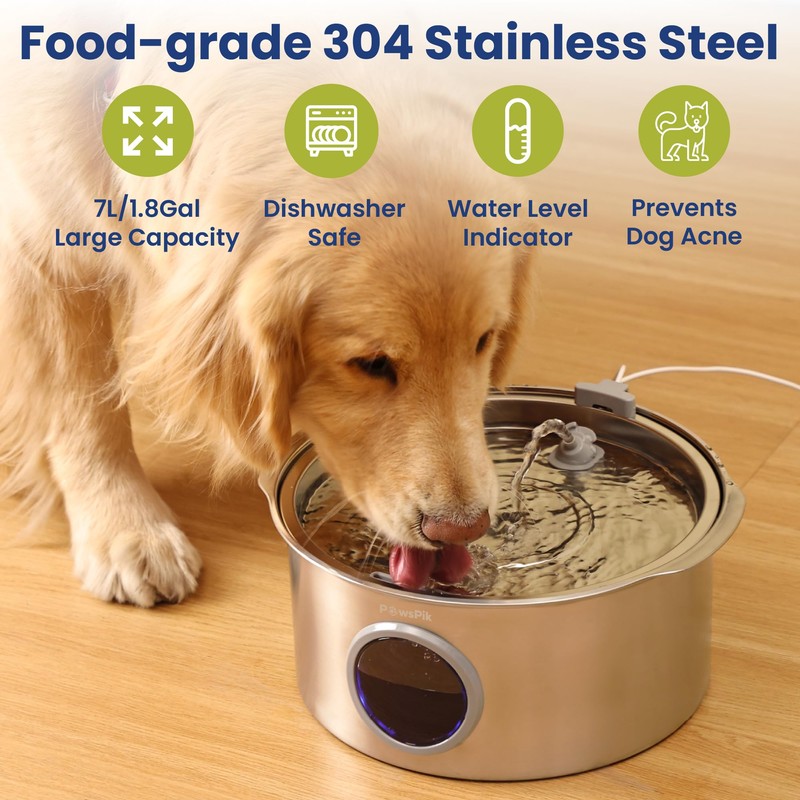 PawsPik Ultra-Quiet Stainless Steel Dog Water Fountain, 1.8-gal