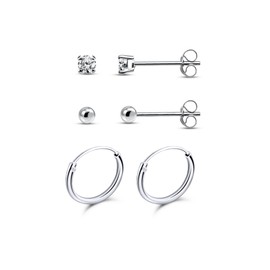 Silver Hoop Cartilage Earrings 10mm Endless, 2mm Tiny Sterling CZ & Ball Bead Stud Earrings for Women Men, 3 Pairs Set