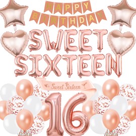 16th Birthday Decorations Sweet Sixteen - Rose Gold Happy Birthday Banner Number Letter Foil Balloons, Sash for 16 Years Old Girls Party Decoration Supplies