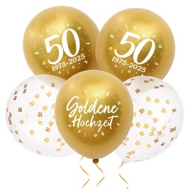 MEJOSER Pack of 24 Golden Wedding Decoration Balloons in German 2025 50 Number Confetti Balloons 12 Inch Latex 50th Anniversary Gold Wedding Party Gifts (50)
