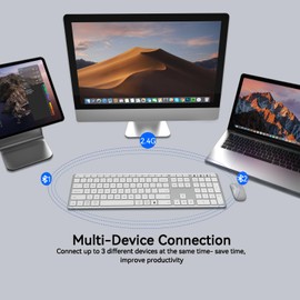 AUSDOM Wireless Bluetooth Keyboard, Multi-Device USB C Rechargeable, Low-Profile Slim Computer Keyboard with Number Pad, Quiet Flat Keyboard with Metal Baseplate for Mac/Windows