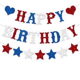 FHGG Red White Blue Happy Birthday Banner Decoration Glitter American Themed Stars Decorations for 4th of July Memorial Day Party