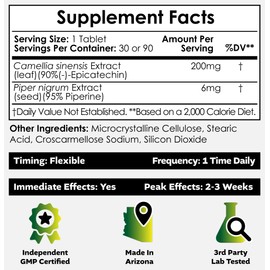 Nootropics Depot Epicatechin Tablets | 200mg (−)−Epicatechin + 6mg Piperine for Bioavailability | Green Tea Extract | Promotes Muscle Mass, Cardiovascular Health, and Energy | 30 Count