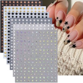 Stars Nail Art Stickers Nail Decals Black White Gold Silver Star Nail Design Sticker 3D Self-Adhesive Star Nail Charm Supplies for Women Girls Acrylic DIY Nail Decoration Accessories 6 Sheets