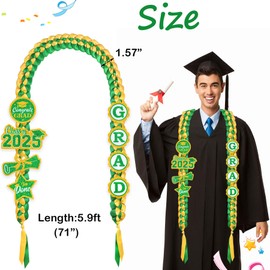 JOTFA Graduation Leis 2025, Graduation Money Leis Handmade Double Braided Ribbon Lei with 8 Graduation Glitter Patches for Graduation Party Decorations (Graduation Lei, Green & Gold)