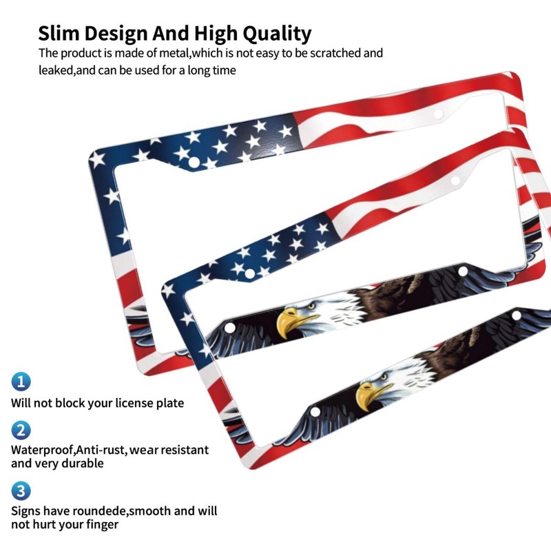 American Flag License Plate Frame 2 Pack, Bald Eagle Patriotic