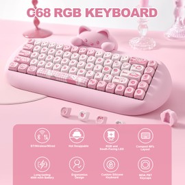 YUNZII C68 Wireless Mechanical Keyboard,65% Layout,Hot Swap,Triple Mode BT5.0/2.4G/Wired, RGB Backlit NKRO,Cute Cat Silicone Ergonomic Design for Win/Mac(Pink, Cocoa Cream V2 Switch)