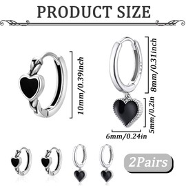 2 Pairs Women Earrings 925 Sterling Silver Earrings Hypoallergenic Black Heart Hoop Earrings for Girls Teen Hoop Earrings Heart Drop