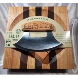 8" Block Ulu Bowl Set Birch Handle Bear & Mountains, 6.25" Inupiat Blade