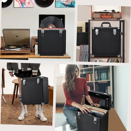 Hododou Vinyl Record Storage Case LP Album Collection Display Box Water Resistant Vinyl Record Organizer Storage Holds 45 Valuable Records 7/10/12 Inch Collapsible Storage Crate with Mesh Bag, Black