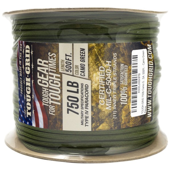 TOUGH-GRID 750lb Camo Green Paracord/Parachute Cord - Genuine Mil Spec Type IV 750lb Paracord Used by The US Military (MIl-C-5040-H) - 100% Nylon - 1000Ft. - Camo Green