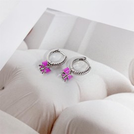 Cute Bow Pink Enamel Ribbon Charm CZ Small Hoop Earrings for Women Cartilage Dainty 925 Sterling Silver Post Gold Plated Bowknot Tiny Mini Huggie Hoops Hypoallergenic Fashion Jewelry Gift for Daughter Christmas (Silver)