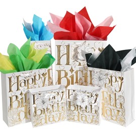 suosicn Assorted Sizes Birthday Gift Bag with Handle and Tissue Paper for Kids, Women, Girls, Baby Shower, Newborn, New Moms or Parents (6 Golden Tulip)