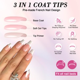 120Pcs French False Nails, Long Ballerina Press on Nails Coffin Nude Acrylic Fake Nails Set, Full Cover Glue on Nails Tips with Nail File, Cuticle Pusher and Glue, Glossy Stick on Nails for Women