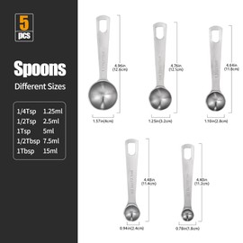 5-Piece Measuring Spoon Set - Doosu Food Grade 18/8 Stainless Steel Measure Tablespoons Teaspoons, Heavy Duty Metal Spoons in Spice Jars, Kitchen Gadgets for Cooking Baking Dry and Liquid Ingredients