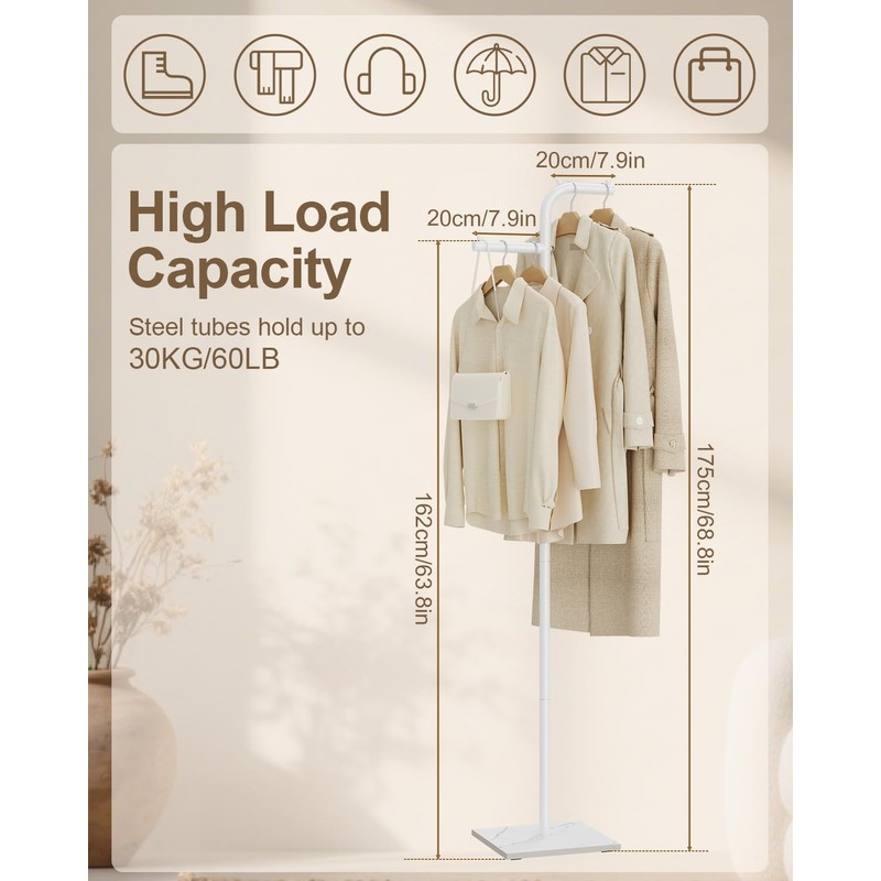 GUOHNHE Garment Rack Freestanding, Metal Coat Rack, White, 68.9 In