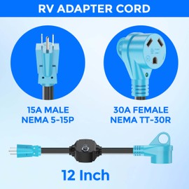 CircleCord Overload Protector 30 Amp to 110V RV Adapter Cord with Circuit Breaker NEMA 5-15P to TT-30R Power Adapter with LED Power Indicator, 10 Gauge Heavy Duty Dogbone Cable, ETL Listed