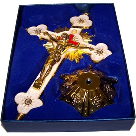 Holy Land Market Altar Table Crucifix - Church or Home Decor - Enamel Ornamented (12 Inch, Golden/White and Red)