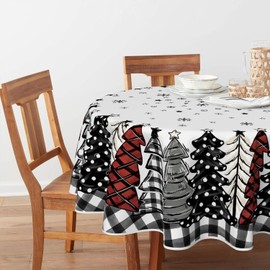 Horaldaily Christmas Tablecloth 60×60 Inch Round, Christmas Trees Buffalo Plaid Black Washable Table Cover for Party Picnic Dinner Decor