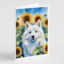 Caroline's Treasures American Eskimo in Sunflowers Greeting Cards Pack of 8 Blank Cards with Envelopes Whimsical A7 Size 5x7 Blank Note Cards