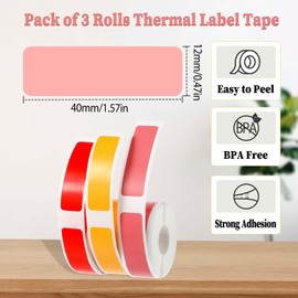 Giantree 3 Rolls Label Maker Tape, 12mm x 40mm Thermal Label Printing Paper Household Storage Labels Self-Adhesive Label Tape Compatible with D30 Portable Label Printer Tapes for Office (Mixcolor 2)