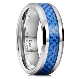 King Will Tungsten Wedding Band Gunmetal Rings For Men Blue Carbon Fiber Inlay Promise Ring High Polished Beveled Edge Comfort Fit Size 11.5