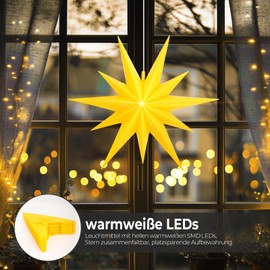 OVILUM Luminous Star 2D with LED Lighting, Yellow, Diameter 57 cm, 2D Star with 11 Tips, Weatherproof, Garden Decoration, Living Room, Christmas Decoration, Christmas Star, with Timer, 7.5 m Cable