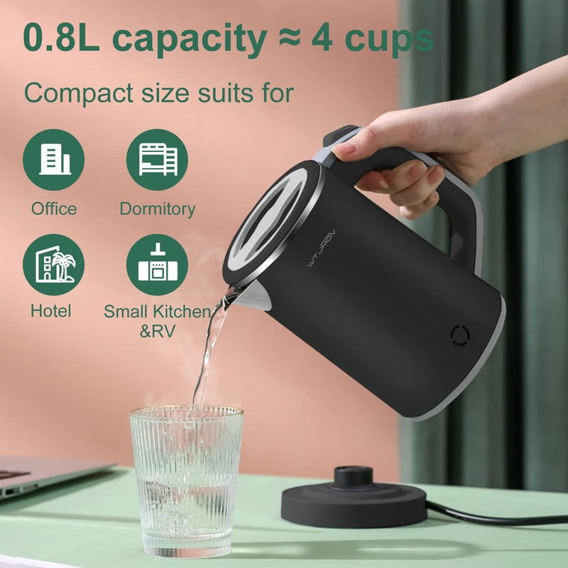 Small Kettle Electric, 0.8L Double Wall Portable Travel Kettle with