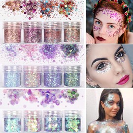 Sinoeem 12 Colors Face Glitter Cosmetic Reflective Chunky Cosmetic Glitter for Face Body and Hair(Includes Long Lasting Fix Gel and brush) Festival and Party Beauty Makeup (12 Color)