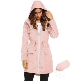 LOMON Womens Lightweight Waterproof Rain Jacket Active Outdoor Hooded Raincoat with Drawstring Belt Pink L