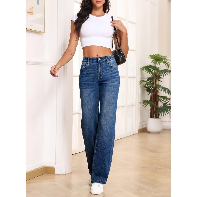 Sidefeel Women's Straight Leg Jeans High Waisted Stretchy Elastic Waist