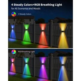 Solar Fence Lights, 2 Pack Solar Wall Lights Outdoor RGB & Warm White Up & Down Solar Deck Lights,Outdoor Waterproof 120 Lumens Super Bright Dusk to Dawn Porch Light for Yard/Pool/Railing/Garage