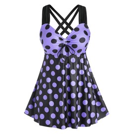 ROSE GAL Womens Plus Size Curve Cinched Polka Dot Crisscross Modest Tankini Swimsuit Set(Purple_1/L)