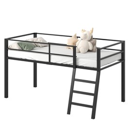 Lutown-Teen Low Loft Bed Twin Size, Junior Metal Twin Loft Bed with Stairs and Safety Guard, Noise Free for Small Bedroom, Black