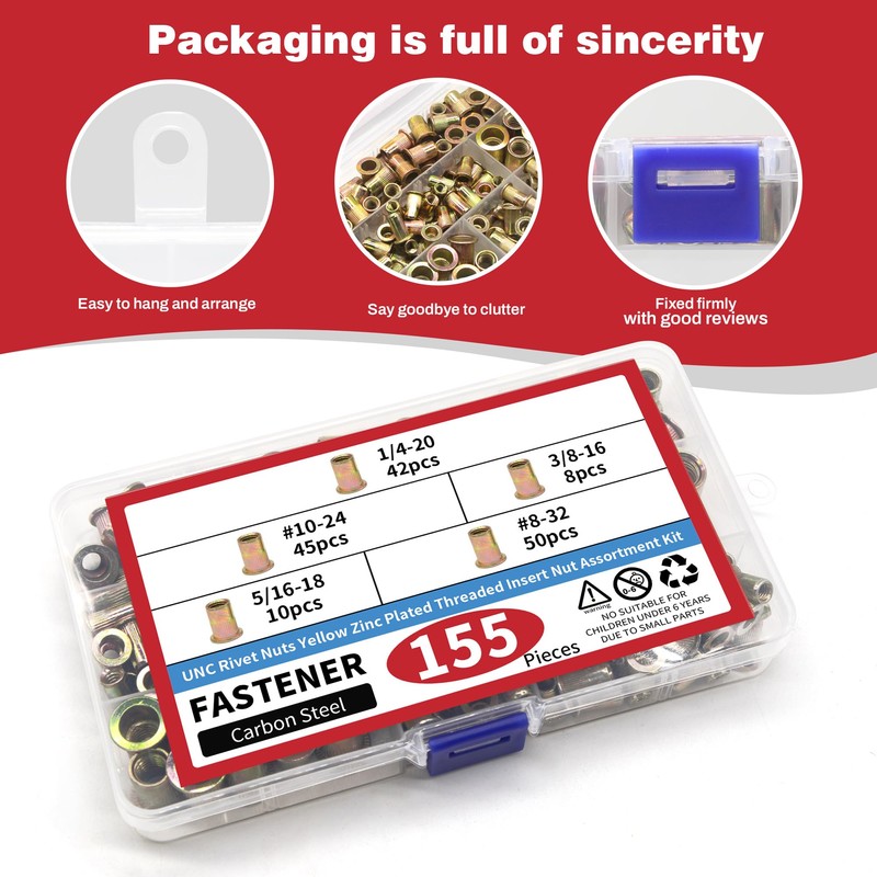 AIMUNOK 155PCS Rivet Nut Kit, Rivet Nuts Rivnuts 1/4-20#8-32#10-24 5/16-18