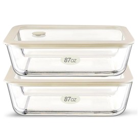 Urban Green Glass Food Container Set with Glass Lid, Large Meal Prep Container Set, Airtight Food Storage Containers with Air Vent Lid, 2 Pack, Large, 87oz, LeakProof, 100% Plastic Free, White color,