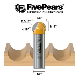 Fivepears Core Box Router Bit with 1/2 inch Shank 5/8 inch Cutting Diameter 9/16 Cutting Length for DIY Woodwork…
